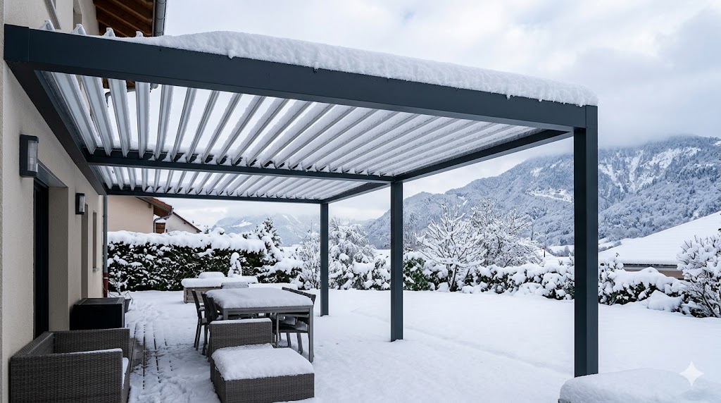 Pergola Schneelast Winter Schnee Schweiz stabil Konstruktion